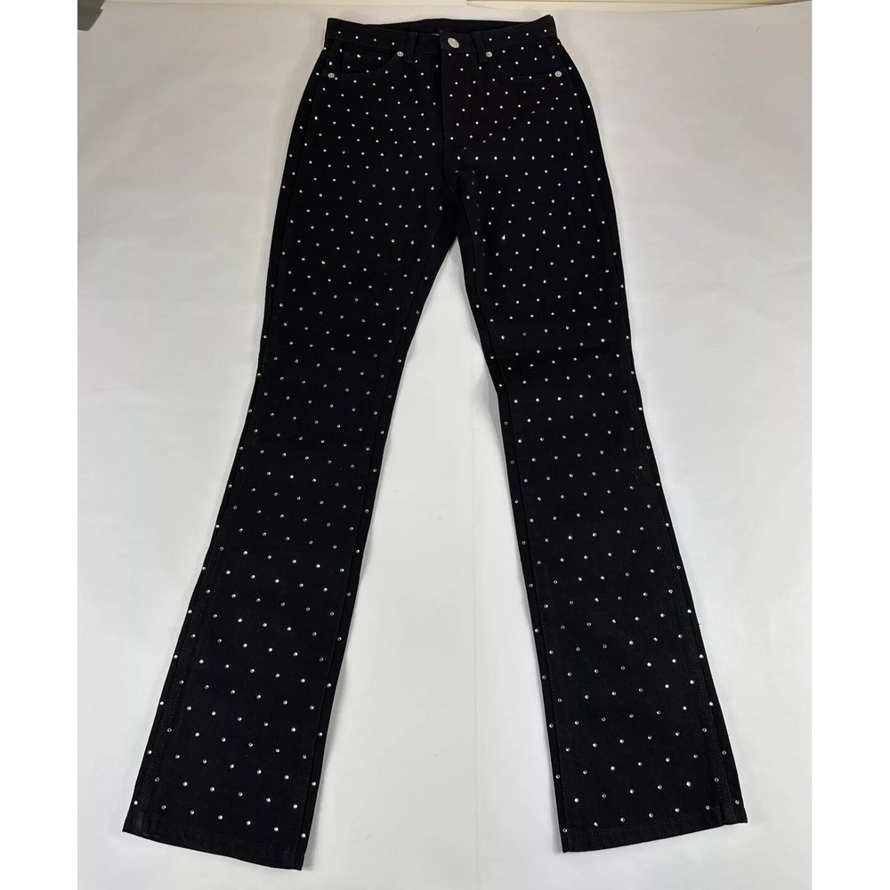 Gianni Bini Jeans Womens 25 Black Denim Rhinestones Straight Leg High Waist READ